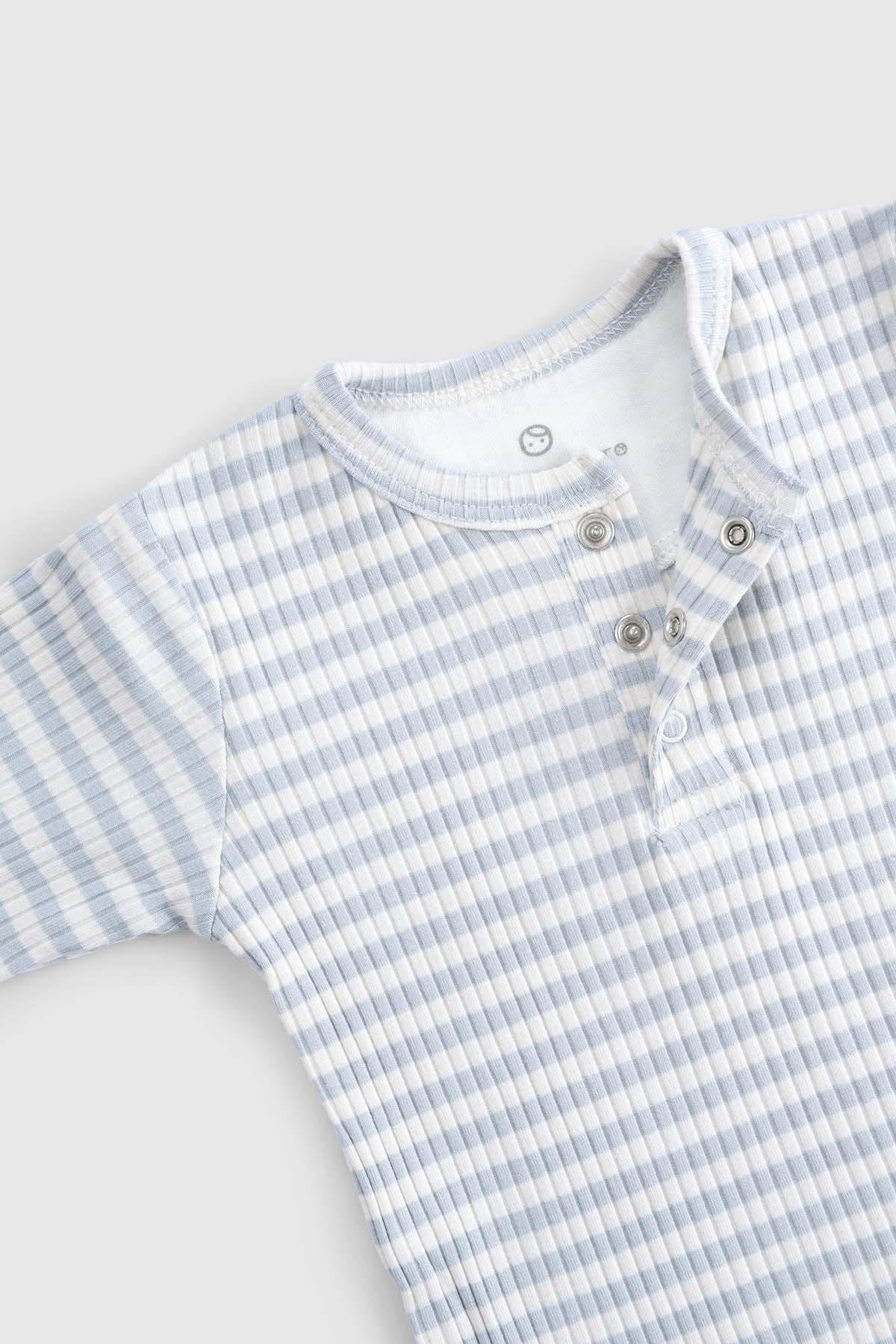 Light blue organic cotton modal bodysuit with snap closures and a stylish checkered pattern for baby comfort.