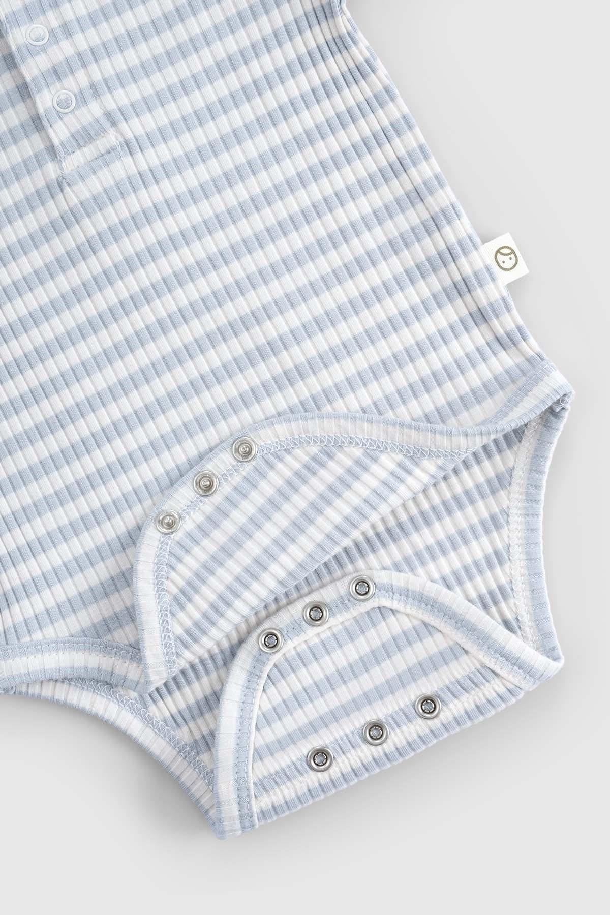Soft blue organic cotton modal bodysuit with snap closures for babies, featuring a classic gingham pattern.