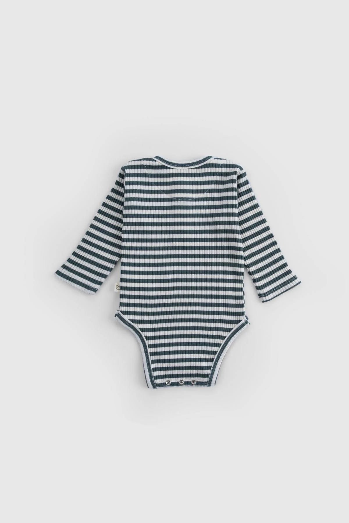 Back view of Little Gusto Organic Cotton Modal Bodysuit in green and white stripes, featuring long sleeves and snap closures.
