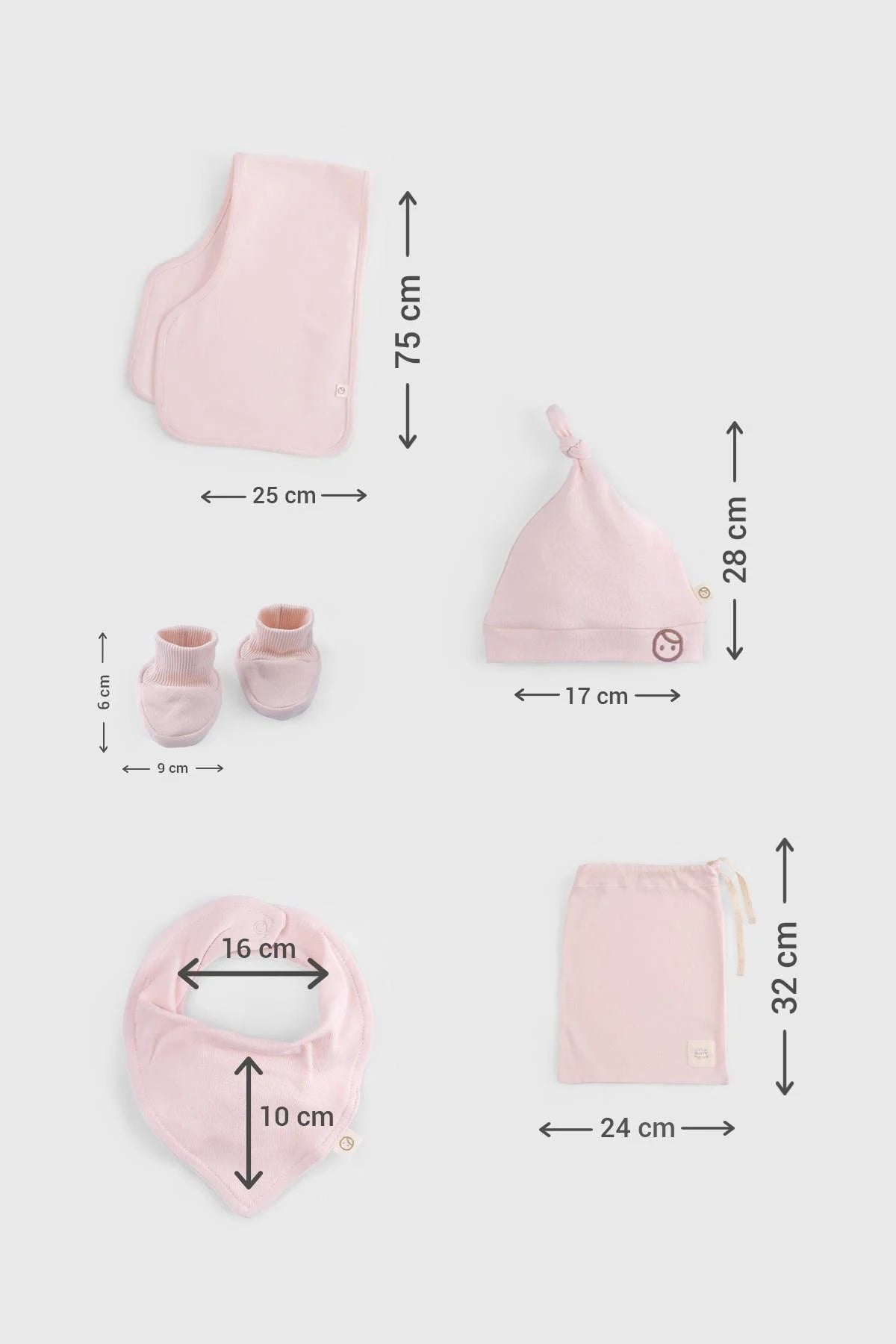 Organic Cotton Newborn Set - Pink: 10 essential baby items with measurements, perfect for delicate skin.