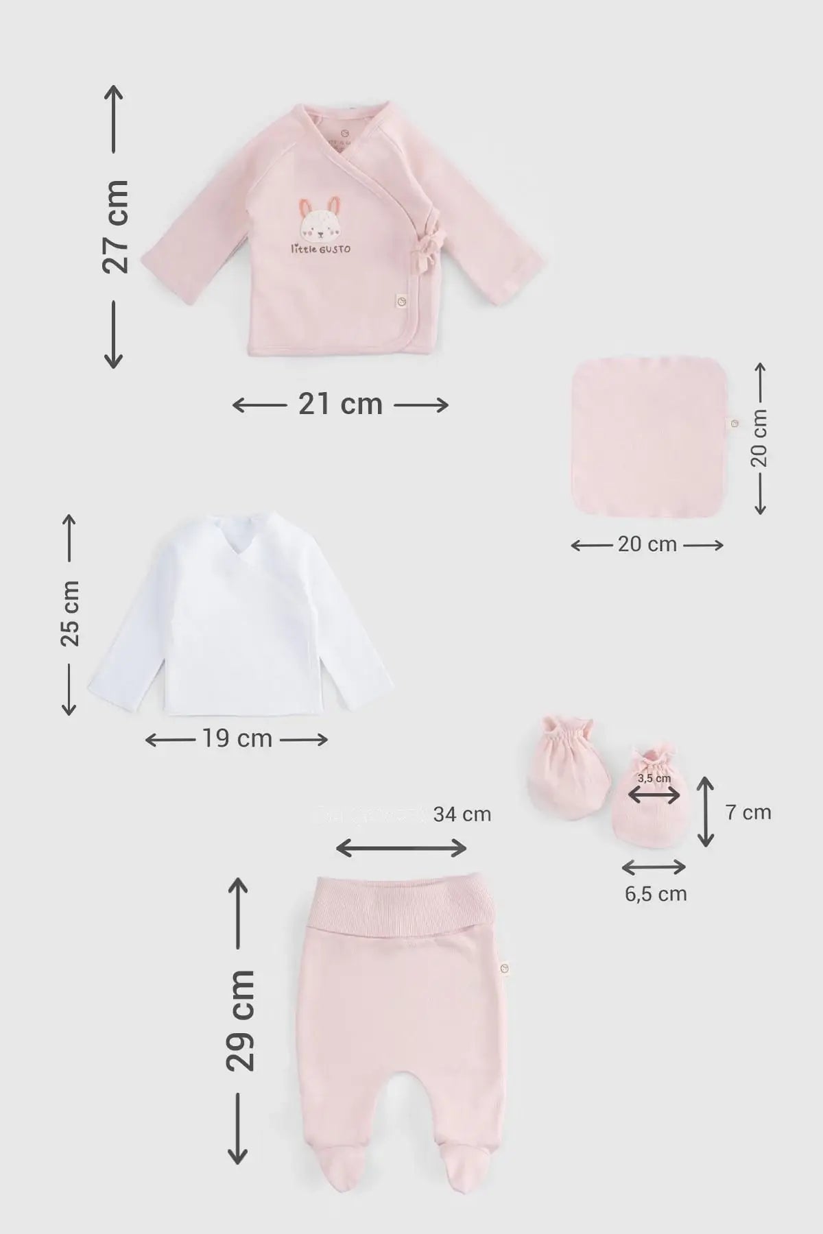 Size dimensions of the Little Gusto Organic Cotton Rabbit Newborn Set - Pink, including bodysuit, trousers, bib, and mittens.