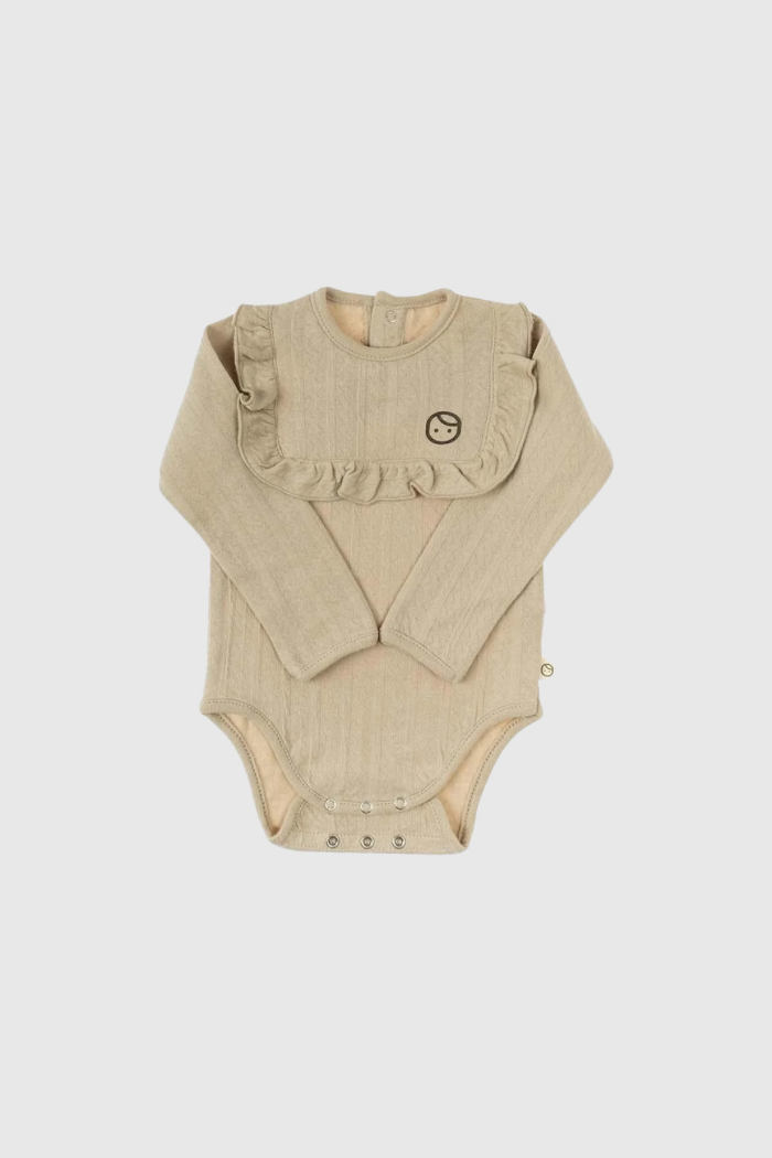 Long Sleeve Quilted Ruffle Organic Cotton Bodysuit - Beige | Soft & Breathable