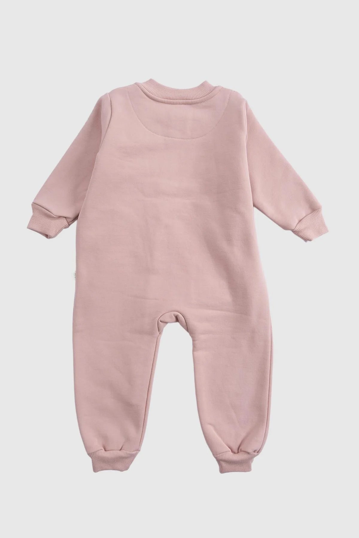 Back view of a pink organic cotton zipped onesie, featuring built-in mittens and booties for baby comfort.