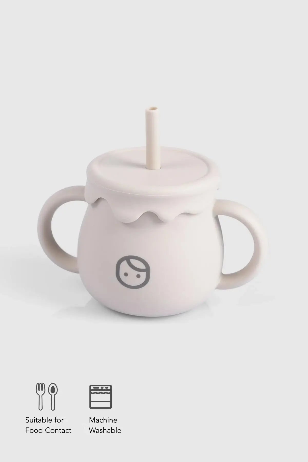 Beige silicone straw and snack cup for babies with handles, suitable for food contact and machine washable.