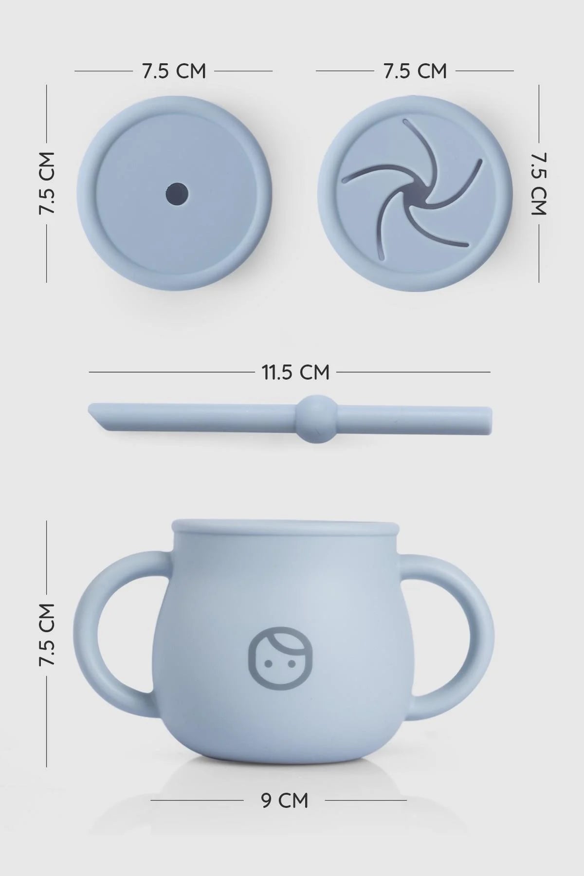 Silicone straw and snack cup for toddlers, BPA-free, with dimensions and interchangeable lids for convenient feeding.