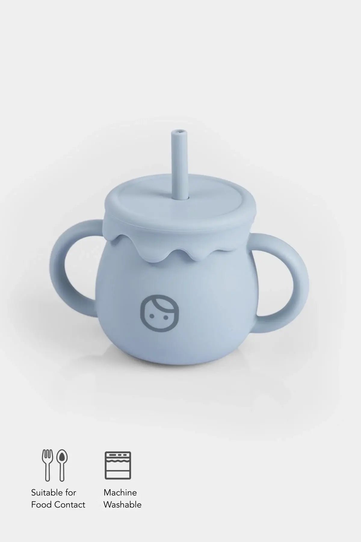 Blue silicone straw and snack cup for babies, BPA-free, designed for independent toddler feeding, dishwasher safe.