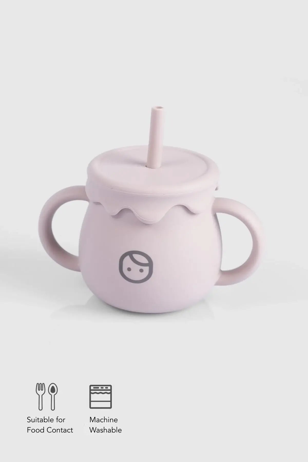 Pink silicone straw and snack cup for babies, BPA-free, ideal for toddler feeding and Montessori use.